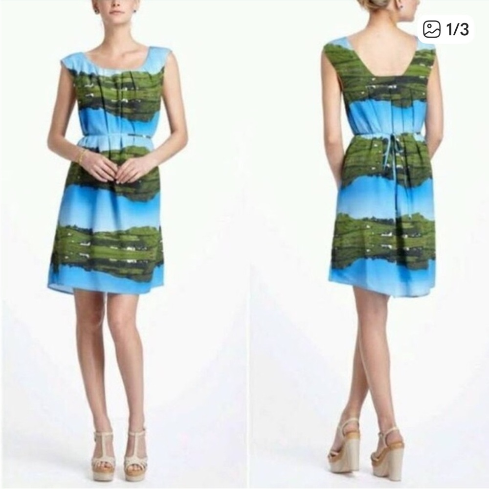 Anthropologie Cuillin Rural Landscape Silk Dress Blue & Green Printed Sz 8